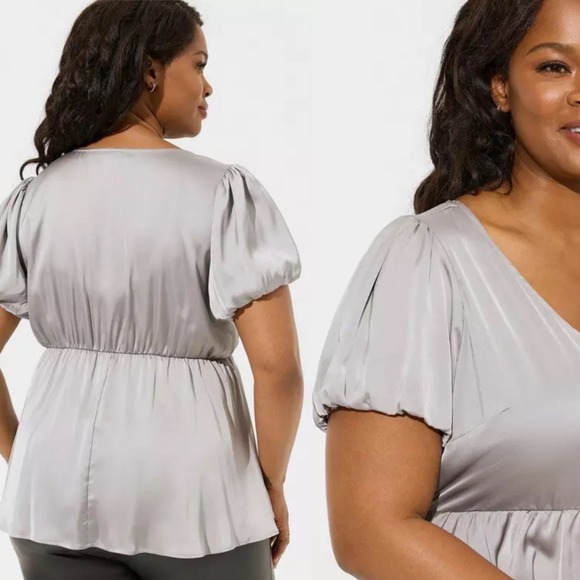 Torrid‎ Silver Satin V-Neck Puff Sleeve Short Sleeve Blouse Womens 4X Top Party - Picture 2 of 11